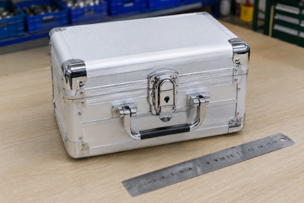 Small aluminum toolbox on display